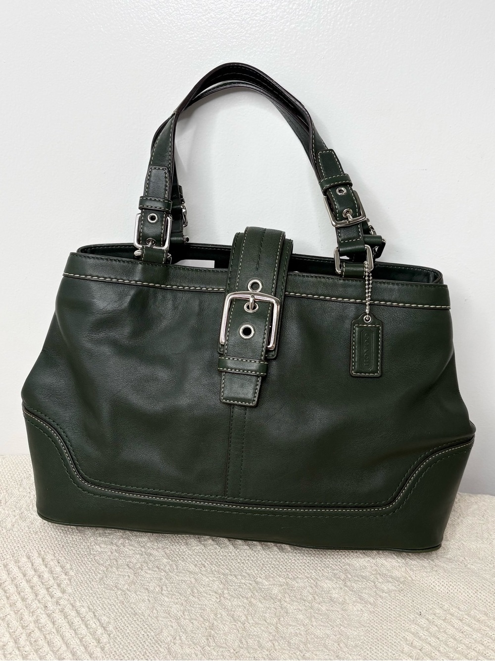 Y2K Coach Hamptons Leather Carryall F12602 Bottle Green Tote Satchel Bag